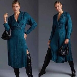 Anthropologie Wrap Shirt Dress 20W Plus Long Sleeve Collared Side Slit Teal Blue